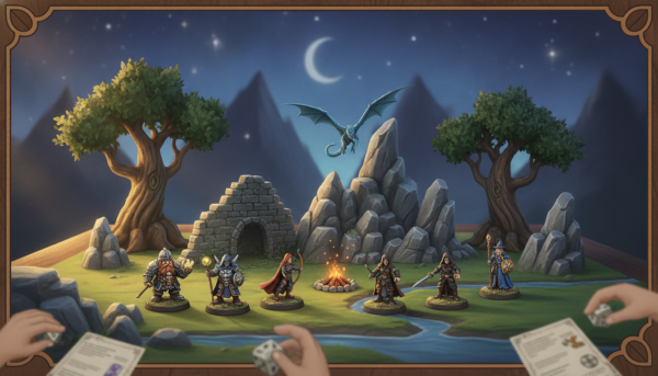 A captivating tabletop scene featuring an assortment of intricately detailed Dungeons & Dragons figurines. In the foreground, a diverse array of painted miniatures representing different character classes—wizards, warriors, rogues, and clerics—are positioned on a vibrant, lush game board. The middle layer includes thematic terrain elements, such as rocky outcrops and mystical forests, enhancing the setting. In the background, a soft-focused fantasy landscape stretches out, with hints of distant mountains and a twilight sky filled with shimmering stars. The lighting should be warm and inviting, casting soft shadows and highlighting the textures of the miniatures. The atmosphere is one of adventure and camaraderie, inviting players into a rich fantasy world full of imagination and strategic gameplay.