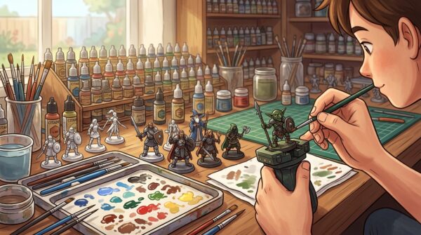 A close-up composition of a hobbyist workspace featuring various DnD miniature figurines in different stages of painting. In the foreground, a meticulously organized palette with vibrant colors and paintbrushes, alongside primed and base-coated miniatures showcasing intricate details of armor and weapons. The middle ground displays a hand applying a layer of paint to a miniature, depicted in a focused and careful manner, emphasizing the artistry involved. The background is softly blurred, showing shelves filled with paint bottles and modeling tools, creating a warm, inspiring atmosphere. Soft, natural lighting streams in from a nearby window, highlighting the textures and colors of the materials, evoking a sense of creativity and passion for the craft. The angle is slightly elevated, offering a clear view of the workspace.