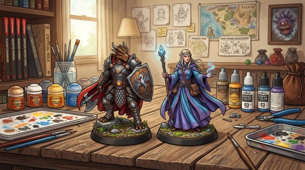 A close-up view of a tabletop workspace featuring beautifully painted Dungeons & Dragons figurines. In the foreground, focus on a pair of intricately detailed fantasy miniature characters, one a fierce dragonborn warrior adorned in shining armor and the other a mystical elf sorceress with a flowing robe, both resting on a wooden table. In the middle ground, an array of vibrant paint pots, brushes, and a palette with splashes of color are scattered, surrounded by tiny tools for detailing. The background showcases a softly lit room filled with D&D-themed books and sketches on the walls, creating a creative atmosphere. Warm, diffused lighting enhances the glossy finish of the miniatures, capturing the artistry and dedication of hobbyists. The overall mood is inspiring, inviting viewers into the world of miniature painting.