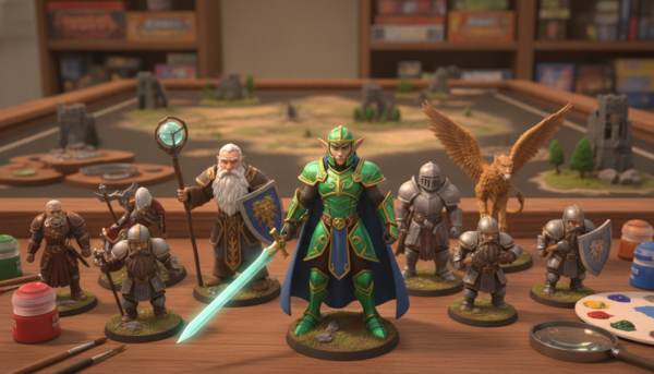 A close-up view of a variety of intricately designed tabletop figurines, showcasing a mix of fantasy characters, such as knights, wizards, and mythical creatures, meticulously painted with vibrant colors. In the foreground, a detailed elven warrior figurine stands confidently, its emerald-green armor catching the light. In the middle ground, a table strewn with various other figurines reflects a creative atmosphere, with artist tools like brushes and paints subtly placed around. The background features a softly blurred gaming table setting, with shelves filled with board games and miniature scenery. The lighting is warm and inviting, casting gentle shadows that enhance the textures of the figurines. The overall mood is one of creativity and passion for tabletop gaming, inviting viewers to explore the intricacies of the hobby.
