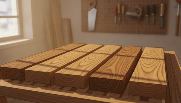 A close-up view of freshly cut wood blanks arranged neatly on a wooden drying rack in a well-lit workshop. The planks feature rich wood grain patterns and are devoid of any cracks, showcasing the successful drying process. Warm, natural light filters through a nearby window, casting soft shadows and highlighting the textures of the wood. In the background, tools for woodworking—like saws and planes—are slightly out of focus, hinting at the craftsmanship involved in preparing these blanks. The atmosphere conveys a sense of professionalism and attention to detail, emphasizing the importance of proper wood drying techniques to maintain quality and prevent fissures. The image captures the essence of a serene and organized workspace, inspiring readers to appreciate the art of woodworking.