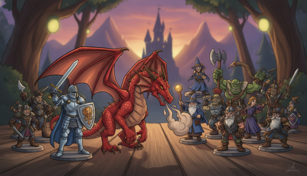 A collection of diverse Dungeons & Dragons figurines arranged on a wooden tabletop. In the foreground, a fierce dragon figurine with intricate scales gleams under soft, warm lighting. Beside it, a valiant knight in shining armor stands with a sword raised, showcasing detailed craftsmanship. In the middle ground, various character types such as wizards, elves, and orcs are displayed, each portraying unique poses and expressions, demonstrating their roles in gameplay. The background hints at a fantasy landscape, with soft-focus trees and mountains that suggest an enchanted realm. The overall atmosphere is vibrant and magical, invoking excitement and creativity, perfect for illustrating the introduction of DnD figurines in context. The shot captures a slight depth of field effect, emphasizing the figurines while blurring the background.