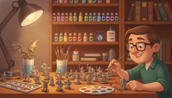 A cozy tabletop gaming scene featuring a well-lit wooden table cluttered with miniature tabletop figurines in various stages of painting. In the foreground, a focused artist holds a detailed brush, applying vibrant paints to a soldier figurine, showcasing a variety of color palettes. The middle ground reveals an array of intricate figurines, including knights, wizards, and mythical creatures, each meticulously detailed. The background is filled with soft, warm light emanating from a nearby lamp, creating a welcoming atmosphere, with shelves lined with paint supplies and rule books. The image captures the excitement and creativity involved in starting out with tabletop figurines, evoking a sense of community and engagement in this hobby.