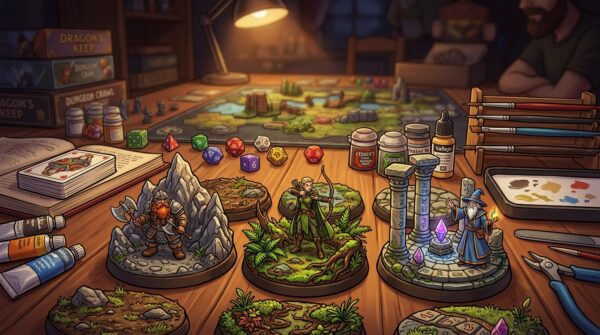 A detailed and immersive tabletop scene showcasing custom-designed bases for miniature figures. Foreground features intricately textured bases with diverse themes such as rocky terrains, enchanting forests, and mystical ruins, each with finely painted miniatures poised atop. Middle ground displays a variety of tabletop elements like dice, cards, and paintbrushes, reflecting the creative process. The background hints at a game board setting with dim ambient lighting casting soft shadows, creating a cozy yet vibrant atmosphere. Use a shallow depth of field to focus on the bases, with the camera angle slightly elevated to capture the layers effectively. Aim for warm lighting that enhances the colors and textures, evoking a sense of passion for tabletop gaming.