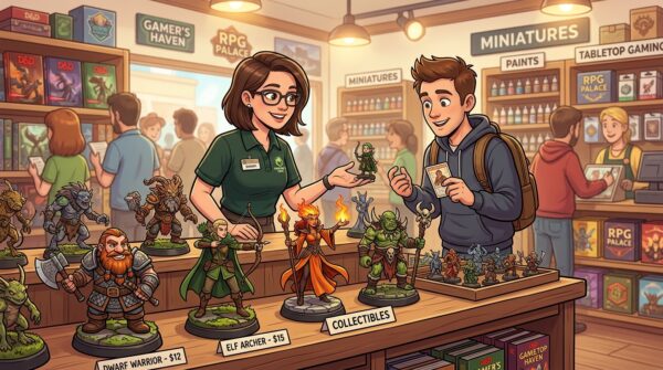 A detailed and vibrant scene depicting a table filled with unique tabletop figurines, showcasing various character designs and styles. In the foreground, focus on a well-organized display of intricately painted figurines, highlighting their unique details and craftsmanship. The middle ground features a professional individual in smart casual attire, engaged in conversation with a customer, both examining the figurines. In the background, a bright and inviting store environment is visible, adorned with shelves of gaming accessories and merchandise, creating a warm atmosphere. Soft, warm lighting from overhead fixtures enhances the colors of the figurines, while a slightly blurred background gives depth and emphasizes the foreground action. The mood is friendly and engaging, perfect for a retail setting focused on sales strategies for unique collectibles.