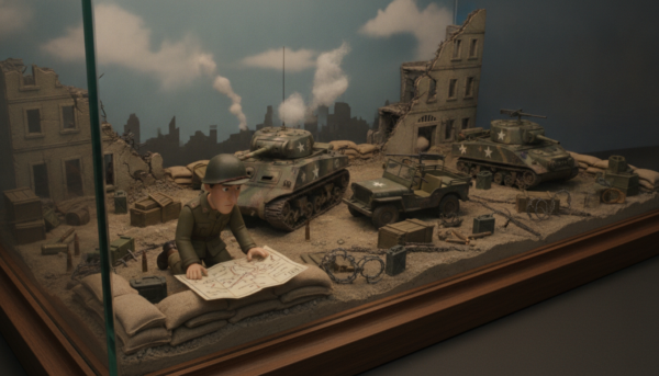 A detailed diorama depicting a realistic World War II scene. In the foreground, a soldier in period-appropriate military attire kneels beside a sandbag bunker, focusing intently on a map spread on the ground. The middle of the scene showcases a battlefield with military vehicles and scattered supplies, creating a sense of chaos and urgency. In the background, a devastated landscape of bombed buildings and smoke rising into the sky enhances the atmosphere of war. Soft, diffused light filters through a cloudy sky, casting dramatic shadows across the terrain. The composition uses a slightly elevated angle to capture the complexity of the scene, inviting the viewer into the immersive world of WWII dioramas.