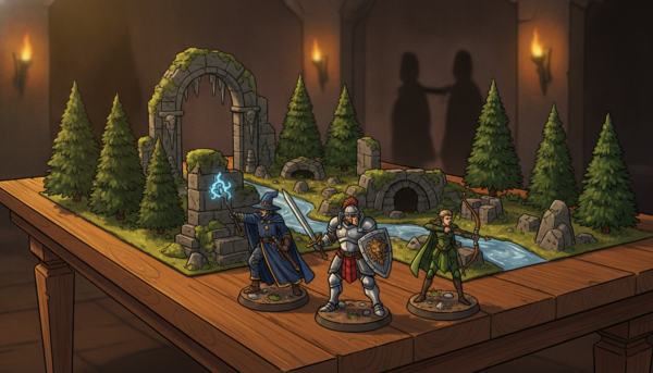 A detailed display of Dungeons & Dragons figurines arranged on a wooden table, showcasing a variety of characters including a wizard, a warrior, and an elf archer. The foreground features a close-up of the intricately painted figurines, highlighting their vibrant colors and fine details. In the middle, a collection of miniature terrain elements like trees and ruins creates an immersive scene. The background softly fades into a shadowy dungeon with flickering candlelight, enhancing the fantasy atmosphere. Use warm, golden lighting to create a cozy, inviting mood, captured from a slightly elevated angle to provide a comprehensive view of the setup. The overall aesthetic should reflect the rich history and evolution of tabletop gaming figurines.