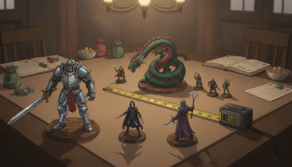A detailed display of various Dungeons & Dragons miniatures arranged on a gaming table, showcasing their scale and proportions. In the foreground, several intricately painted figurines depict a variety of fantasy characters: a towering knight, a cunning rogue, and a powerful wizard. In the middle ground, a measuring tape and a scale model of a dragon illustrate the concept of size comparison, with smaller miniatures of adventurers around them. The background features a softly lit gaming setup, with dim lighting enhancing the atmosphere of a fantasy adventure. The scene is viewed from a slightly elevated angle, capturing the dynamic layout. The overall mood is immersive and inviting, perfect for tabletop gaming enthusiasts.