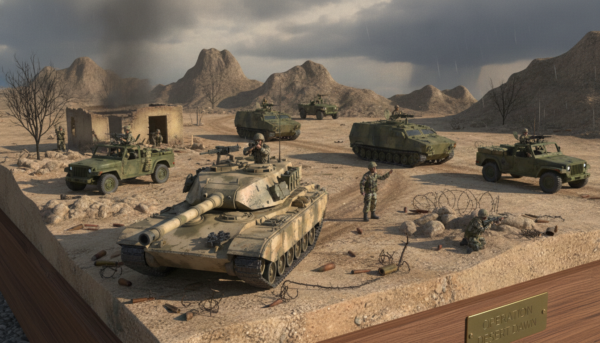 A detailed military diorama showcasing a tank and various military vehicles in a realistic battlefield setting. In the foreground, a lifelike model of a modern tank, intricately painted with weathering effects, positioned on a rugged terrain with dirt and debris. In the middle ground, several military vehicles like armored personnel carriers and jeeps are arranged strategically, surrounded by miniature soldiers in professional military gear, actively engaging in their duties. The background features a dramatic sky with clouds, suggesting an impending storm, and distant hills with greenery. Use natural lighting to create depth and shadows, capturing the sense of tension and realism in the scene. The perspective should be slightly low, giving an imposing view of the vehicles, emphasizing the scale of the diorama.