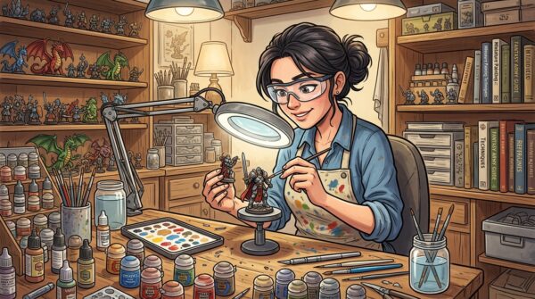 A detailed tabletop painting scene set in a well-lit workshop. In the foreground, a skilled artist focuses intently on painting a miniature figurine, surrounded by an array of vibrant paints and brushes. The artist, dressed in a casual shirt and apron, holds a fine brush poised over the figurine, showcasing intricate details like armor and facial expressions. In the middle ground, an organized workspace is visible, featuring well-used palettes and reference books about miniature painting techniques. The background shows shelves filled with completed miniature models and art supplies, with warm, inviting overhead lighting that creates a soft glow, enhancing the creative atmosphere. The mood is one of concentration and artistry, emphasizing the importance and challenges of painting tabletop figurines.