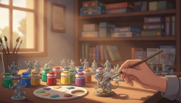 A detailed tabletop scene depicting a person painting Dungeons and Dragons figurines. In the foreground, a hand holds a fine paintbrush, poised over a beautifully detailed miniature dragon. The middle ground features a variety of colorful paint jars scattered alongside a palette filled with vibrant colors. An assortment of unpainted figurines, including warriors and wizards, are arranged on the table. The background shows a cozy workshop filled with natural light streaming through a window, illuminating the workspace. Soft shadows create a warm and inviting atmosphere, encouraging creativity and focus. The scene captures the essence of preparation and enthusiasm for painting miniatures, with a shallow depth of field to emphasize the main action.