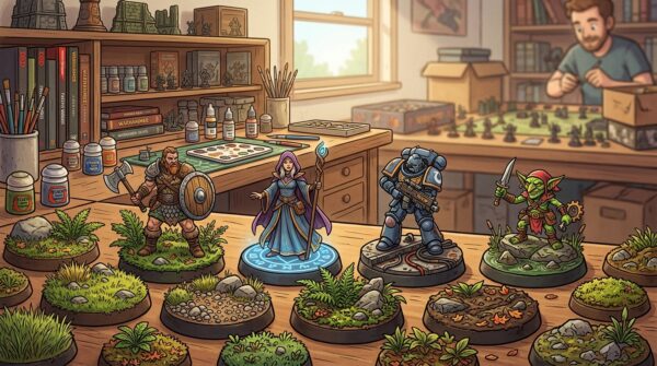 A detailed tabletop scene showcasing immersive bases for miniature figures. In the foreground, several elaborately designed bases featuring grass, rocks, and tiny plants, enhancing the realism of the figures. In the middle ground, a selection of intricately painted miniatures poised on these bases, showcasing varied styles from fantasy warriors to sci-fi robots. The background features a soft, blurred landscape of a tabletop gaming environment, with shelves filled with miniature supplies and tools. Gentle, natural lighting illuminates the scene, creating a warm and inviting atmosphere, while a shallow depth of field draws attention to the detailed bases and figures. This image conveys the importance of thoughtful basing in tabletop gaming.
