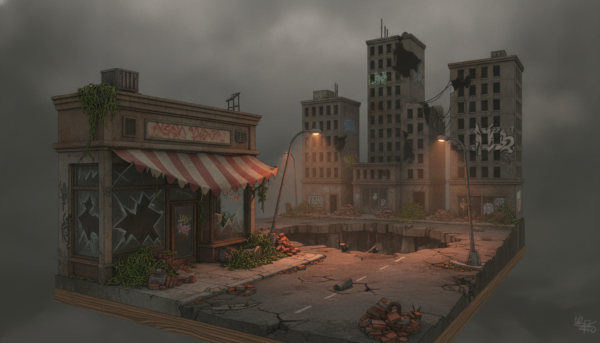 A detailed urban diorama in a state of ruins, showcasing a variety of destroyed buildings, crumbling walls, and scattered debris. In the foreground, place a dilapidated storefront with shattered glass windows, partially collapsed awnings, and overgrown weeds. The middle ground features a broken street with flickering street lamps casting a soft, eerie glow, adding depth through shadows and light contrasts. The background reveals a skyline of partially collapsed high-rises, with graffiti-covered walls, under a gloomy, overcast sky that evokes a somber, post-apocalyptic atmosphere. Use a wide-angle lens to capture the entire scene, ensuring a focus on textures and details, conveying a sense of desolation and decay.