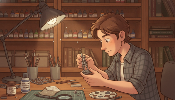 A detailed workspace scene showcasing the process of preparing a miniature figurine for painting. In the foreground, a skilled hobbyist, dressed in casual yet neat clothing, gently scrapes excess resin from a finely detailed figurine using a small craft knife. On the workbench are various tools like fine sandpaper, brushes, and a small paint palette, emphasizing the meticulous preparation involved. In the middle ground, there’s a bright light illuminating the workspace, enhancing the textures of the figurine and tools. The background features shelves lined with neatly organized paints and reference books on miniature painting, creating an atmosphere of creativity and focus. Soft, warm lighting adds a cozy feel to the scene, inviting viewers into the world of miniature artistry.
