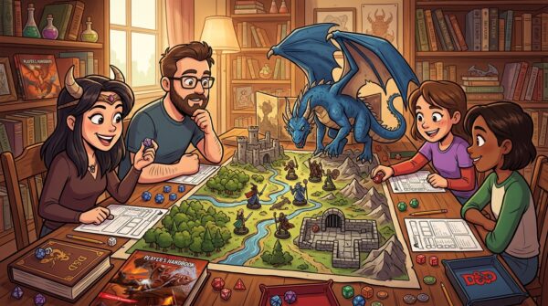 A dynamic tabletop scene depicting a vibrant Dungeons & Dragons game in progress, featuring diverse fantasy miniatures on a detailed game map. In the foreground, a richly painted dragon figurine looms over a group of players immersed in the game, their expressions filled with excitement and concentration. In the middle, a beautifully detailed tabletop is scattered with various player characters and intricate terrain elements, such as forests, mountains, and dungeons. The background features cozy bookcases filled with fantasy novels and game rulebooks, illuminated by soft, warm lighting, casting gentle shadows that enhance the atmosphere. The overall mood is inviting and whimsical, capturing the essence of storytelling and adventure in D&D. Use a 50mm lens for a close-up view to highlight the miniatures while maintaining the intimate setting of the game.