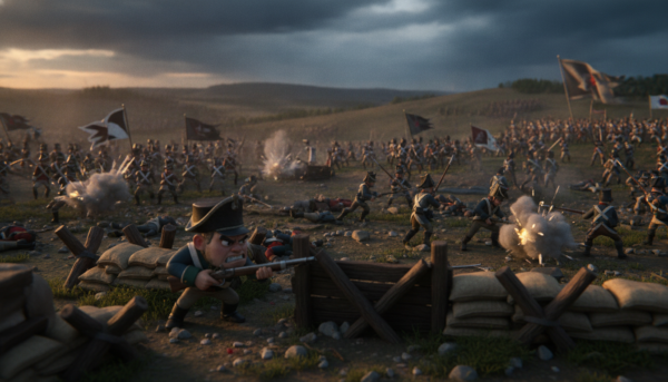A highly detailed and realistic diorama of a historical battle scene, featuring miniature soldiers in dynamic poses engaged in combat. In the foreground, a soldier taking cover behind a barricade, his expression fierce and determined. The middle ground showcases a chaotic battlefield with tiny explosions and smoke effects, adding a sense of action. In the background, distant hills with strategically positioned troops, flags waving, and a stormy sky casting dramatic shadows. Use warm lighting to highlight the soldiers and cool tones for the background, creating contrast. Shot from a slightly elevated angle to capture the depth of the scene, evoking tension and excitement while immersing the viewer in this vibrant miniature world.