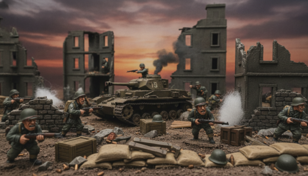 A realistic battle diorama depicting a World War II scene. In the foreground, miniature soldiers in detailed uniforms are positioned strategically, engaging in combat with accurate weaponry. Some soldiers take cover behind rubble while others advance through a war-torn village, showcasing expressions of determination. The middle ground features smoke and debris, enhancing the sense of chaos, with a wrecked tank and scattered equipment. In the background, a dusky sky casts a dramatic, muted light over the battlefield, creating a somber atmosphere. The composition should be captured from a slight low angle to emphasize the height of the ruins, and the overall mood is tense and immersive, inviting viewers into this reconstructed moment in history.