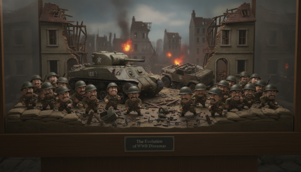 A realistic World War II diorama showcases a battle scene with intricate details. In the foreground, miniature soldiers in authentic uniforms engage in combat, with expressions of determination on their faces, capturing the intensity of the moment. The middle ground features a battered tank amidst debris, and small vehicles, adding to the chaotic atmosphere. In the background, a war-torn landscape includes dilapidated buildings and smokey skies, with distant explosions and fires subtly illuminating the scene. Soft, dramatic lighting highlights the contours of the figures and props, while a shallow depth of field focuses attention on the soldiers. The overall mood is tense and immersive, evoking the gravity of wartime experiences, inviting viewers to reflect on the historical evolution of World War II dioramas.