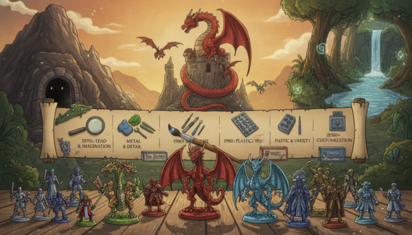 A richly detailed collage showcasing the history and evolution of Dungeons & Dragons figurines. In the foreground, vibrant classic D&D miniatures from various editions are displayed, highlighting different styles and scales, such as detailed hand-painted figures and simplified versions. The middle ground features a timeline with significant changes in design and material, with visual cues like brushes, sculpting tools, and boxes. The background depicts a fantasy landscape with iconic elements like dungeons, dragons, and mystical forests, bathed in warm, inviting lighting to create an inspiring, nostalgic atmosphere. Shot with a wide-angle perspective to capture the depth and dynamism of the scene, emphasizing the craftsmanship behind these beloved figurines. The mood is celebratory and whimsical, inviting viewers to appreciate the journey of D&D collectibles.
