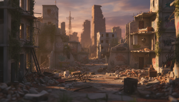 A richly detailed urban diorama portraying a city in ruins, designed with the Italeri "Walls & Ruins" kit. In the foreground, scattered debris and broken structures create a sense of decay and neglect. The middle ground features crumbling walls adorned with graffiti, partially collapsed buildings, and overgrown vegetation reclaiming urban space. The background showcases a dramatic skyline partially silhouetted against a dusk sky, with soft, warm lighting casting long shadows. The atmosphere is somber yet immersive, evoking a story of a world once bustling with life. The scene is meticulously composed with a slight depth of field, emphasizing the intricate details of the ruins while blurring the edges for a cinematic effect.