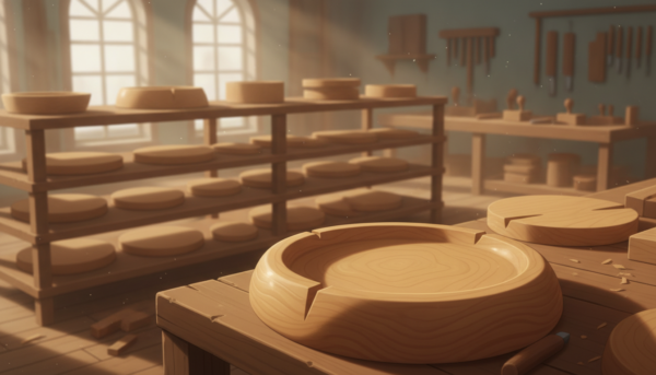 A serene workshop scene showcases a collection of freshly cut wooden blanks arranged neatly on a drying rack. In the foreground, highlight a close-up of one particularly smooth wooden piece, displaying its grain and texture, free from cracks. The middle ground captures additional wooden blanks in various stages of drying, organized symmetrically, conveying a sense of order and craftsmanship. The background features soft natural light filtering through workshop windows, casting gentle shadows and enhancing the warm tones of the wood. The atmosphere is tranquil and focused, suggesting a commitment to quality and attention to detail. Use a shallow depth of field to emphasize the foreground while keeping the mid-ground slightly blurred, conveying depth and inviting the viewer into this world of meticulous woodworking.
