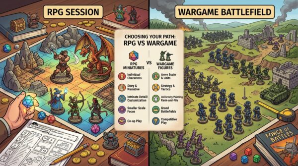 A split scene showcasing the differences between RPG miniatures and wargame figures. In the foreground, on the left, display a detailed RPG setup with a fantasy-themed environment featuring intricately painted character miniatures, complete with vibrant colors, dynamic poses, and accessories like dice and character sheets scattered around. On the right, illustrate a wargame battlefield populated with a set of tactical military figures arranged in strategic formation, accompanied by terrain pieces like hills and fortified structures. In the middle ground, a soft-focus comparison chart highlights essential tips for choosing between the two genres. The lighting is warm and inviting, casting subtle shadows to add depth, and the angle captures a slightly elevated perspective for clarity. The overall mood is engaging and informative, inviting the viewer to explore the fascinating world of tabletop gaming.