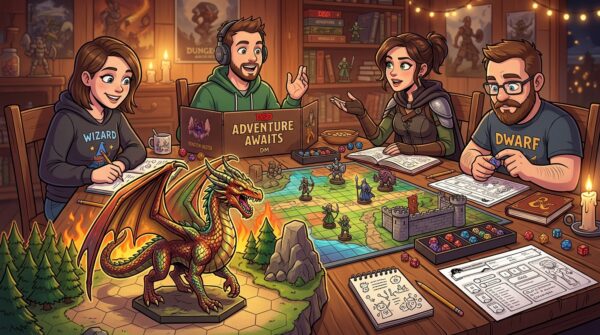 A vibrant tabletop scene depicting a Dungeons & Dragons game in progress, featuring intricate figurines representing various fantasy characters like knights, wizards, and mythical creatures arranged on a richly detailed game board. In the foreground, a close-up of a dragon figurine with shimmering scales and an intense gaze, while the middle ground showcases a group of players in focused discussion, dressed in casual gaming attire, illuminated by a warm, ambient light that creates a cozy atmosphere. The background reveals a wooden table adorned with dice, character sheets, and maps, with soft focused lighting enhancing the sense of adventure and camaraderie in this imaginative setting.