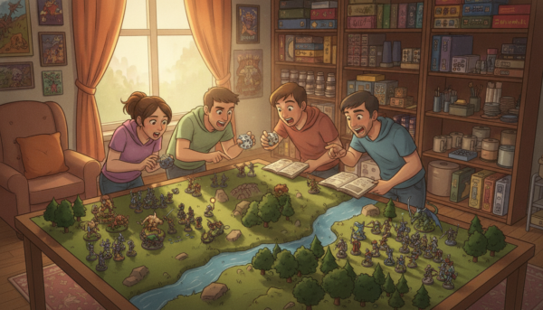 A vibrant tabletop scene showcasing the enchanting world of tabletop miniatures. In the foreground, a beautifully painted set of fantasy figurines, including knights, wizards, and mythical creatures, displayed on a detailed terrain with hills, forests, and rivers. In the middle ground, players are engaged in a heated game, their expressions focused and excited, dressed in casual but neat clothing. In the background, shelves filled with various miniature boxes and painting supplies hint at the hobbies involved. Soft, warm lighting casts an inviting glow across the scene, creating a cozy atmosphere. The angle is slightly overhead, providing a comprehensive view of the tabletop action while emphasizing the intricate details of the miniatures.