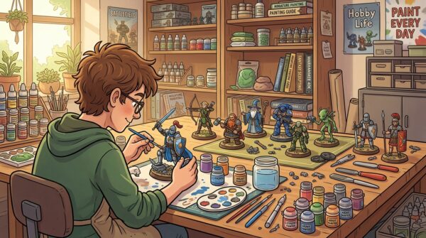A vibrant tabletop workshop scene showcasing the unique process of creating tabletop miniatures. In the foreground, a skilled artisan with modest casual clothing is intricately painting a detailed fantasy figurine, surrounded by a variety of colorful paints and sculpting tools. The middle ground features an array of completed figurines, each with distinct designs that reflect various themes such as fantasy, sci-fi, and historical. The background presents shelves filled with sculpting materials and reference books, illuminated by warm, natural lighting that casts soft shadows, creating a cozy and inviting atmosphere. The lens angle is slightly above the worktable, capturing the dynamic interaction between the artisan and the creations, emphasizing the artistry involved in this unique craft.