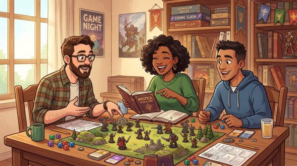 A warm and inviting scene depicting a tabletop gaming setup in a well-lit room. In the foreground, an intricately designed tabletop filled with various miniature figures, dice, and game accessories showcases the diversity of tabletop gaming. In the middle ground, a friendly group of three individuals (two men and one woman), dressed in smart casual attire, discuss strategies while animatedly pointing at a rulebook. One figure is leaning in, engaging in conversation, while the others listen attentively. In the background, a cozy bookshelf lined with game boxes, manuals, and themed decor adds depth and context to the scene. The soft, natural lighting creates a welcoming atmosphere, emphasizing camaraderie and the joy of gaming together.