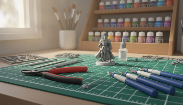 A well-lit tabletop workspace filled with essential tools for preparing tabletop miniatures. In the foreground, there are detailed close-ups of hobby tools such as sprue cutters, fine files, and precision knives neatly arranged beside unassembled plastic sprues. The middle ground features a partially assembled miniature figure, showcasing fine details and textures. In the background, a softly blurred shelf displays various paint jars and brushes, hinting at the painting process to come. Natural light streams in from a nearby window, creating a warm and inviting atmosphere that encourages creativity and craftsmanship. The overall mood is focused and organized, perfect for any hobbyist preparing their figurines.