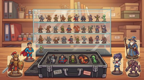A well-organized collector's display featuring an array of mini figurines beautifully arranged in a sleek, transparent display case. In the foreground, detailed shots of various figurines, ranging from fantasy characters to superheroes, showcasing intricate designs and vibrant colors. The middle ground includes a sturdy, stylish transport case with foam inserts, perfectly fitted to protect and carry figurines. The background features a subtle, blurred shelf filled with additional storage options, evoking a sense of a dedicated hobby space. Soft, warm lighting casts gentle highlights and shadows, creating an inviting atmosphere. The composition is shot from a slightly elevated angle, emphasizing both the display and the protective transport solution, conveying a mood of passion and care for the figurine collection.