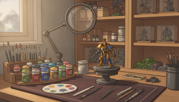 A well-organized tabletop modeling workspace, featuring essential tools for painting and assembling miniature figurines. In the foreground, a detailed close-up of an assortment of paints, brushes, and sculpting tools neatly arranged on a wooden table. The middle ground displays a partially assembled miniature with fine details and a palette of vibrant colors, along with a magnifying glass for precision work. In the background, shelves filled with neatly organized supplies, including terrain pieces and display cases showcasing completed miniatures. Soft, natural lighting bathes the scene, creating an inviting atmosphere. The camera angle is slightly above eye level, capturing the rich textures and depth of the workspace, evoking a sense of creativity and passion for the hobby.