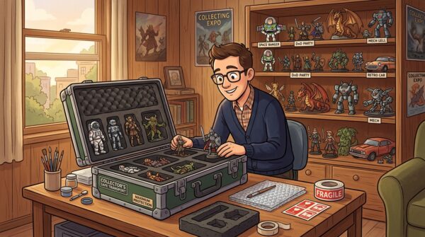 A well-organized workspace features a wooden shelf neatly displaying a variety of collectible figurines, including classic action figures, detailed miniatures, and intricate models. In the foreground, a sturdy and stylish transport case is partially opened, revealing foam compartments designed for safe storage, surrounded by packing materials. The middle ground showcases a craftsman meticulously arranging the figurines, dressed in a smart-casual outfit, with expressions of care and focus. In the background, soft natural light filters through a nearby window, casting gentle shadows and creating a warm, inviting atmosphere. The overall mood is one of organization, protection, and passion for collecting, emphasizing the importance of properly storing and transporting cherished items while maintaining their integrity.