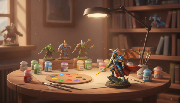 A well-organized workspace featuring a variety of miniature figurines, art supplies, and tools used for tabletop painting. In the foreground, display an intricately painted fantasy miniature with vibrant colors and detailed textures, highlighting techniques such as dry brushing and layering. In the middle ground, include an assortment of paint pots, brushes, and a palette smeared with colorful paint, conveying a sense of creativity and craftsmanship. In the background, softly blurred shelves lined with reference books and painted models to create depth. Use warm, natural lighting to evoke a cozy and inviting atmosphere, suggesting an artistic environment. The angle should be slightly overhead, capturing the work surface and the intricate details of the miniature. Overall, aim for a focused yet artistic mood, encouraging viewers to explore the art of miniature painting.