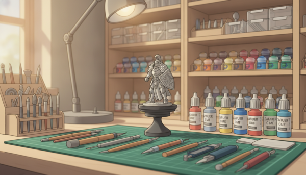 A well-organized workspace featuring essential modeling tools for figure preparation before painting. In the foreground, display high-quality sculpting tools, fine detail paintbrushes, a cutting mat with various hobby knives, and bottles of primer and paint neatly arranged. In the middle, show a partially assembled and unpainted figurine, highlighting its intricate details. The background can include shelving with organized containers of paints and tools, along with a lamp providing soft, focused lighting to create a warm, inviting atmosphere. Use a shallow depth of field to keep the focus on the tools and figurine, with natural light enhancing the colors of the workspace. The mood should feel creative and inspiring, ideal for a hobbyist's environment.
