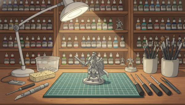 A well-organized workspace for preparing miniature figurines before painting. In the foreground, a detailed table cluttered with tools such as a hobby knife, sanding sponge, and files laid out neatly. A small, unpainted figurine stands center stage, showcasing precise details of its design. In the middle ground, a bright overhead light illuminates the scene, casting soft shadows that highlight textures. The background features shelves stocked with paint bottles and brushes, creating a vibrant, artistic atmosphere. The overall mood is focused and creative, capturing the essence of preparation. The scene is shot from a slightly elevated angle to capture both the workspace and the figurine in detail, enhancing the sense of depth and engagement.