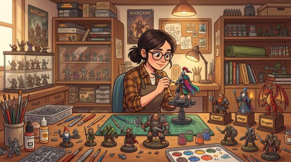 A workshop scene showcasing the art of miniature modeling and customization. In the foreground, a well-lit workbench is cluttered with tools like paintbrushes, sculpting knives, and a variety of colorful paints. On the bench, several intricately detailed RPG and wargame figurines in various stages of customization, featuring unique armor designs and character traits. The middle ground features a focused artist, a person in a casual professional attire, carefully painting a miniature figure, with an expression of concentration and passion. In the background, shelves filled with kits, books on modeling techniques, and completed figurines create an inviting and inspiring atmosphere. Soft, warm lighting highlights the textures and colors, evoking a sense of creativity and dedication to the craft.