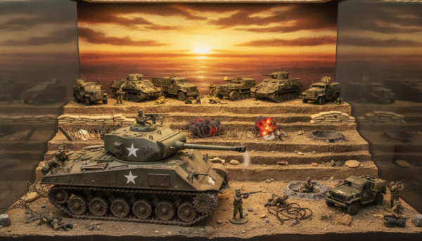 An intricate military diorama showcasing a tank and various military vehicles in a realistic setting. In the foreground, a detailed tank model is displayed, with intricate weathering and authentic markings, surrounded by miniature soldiers in action poses. The middle ground features a variety of military vehicles, such as armored personnel carriers and supply trucks, all placed on a textured terrain that mimics a battlefield. The background includes a dramatic sunset sky, casting warm golden and orange hues over the scene, enhancing depth and atmosphere. The lighting is soft and atmospheric, creating a sense of realism. The camera angle should be slightly elevated, allowing a broad view of the scene while maintaining focus on the tank and vehicles.