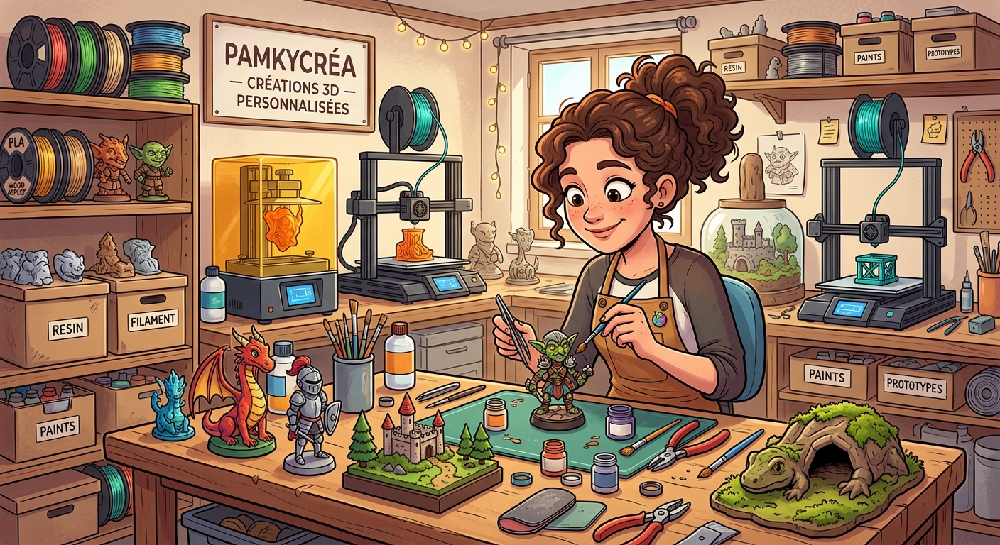 Créatrice Pamkycréa peignant une figurine sur mesure en résine dans son atelier d'impression 3D