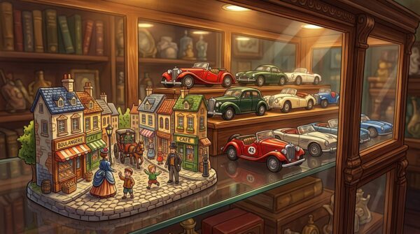 A beautifully arranged display case filled with a collection of exquisite figurines and meticulously crafted miniature cars. In the foreground, focus on a vibrant ceramic figurine depicting a 19th-century street scene, showcasing intricate colors and textures. The middle ground features an array of vintage cars, each detailed with shiny paint and chrome accents, highlighting their unique designs. The background includes soft, blurred objects to suggest depth, perhaps a dark wood or glass backdrop that enhances the elegance of the display. The lighting is warm and inviting, casting gentle shadows to add dimension, and the angle is slightly tilted to create a dynamic perspective. The mood is nostalgic and whimsical, inviting viewers to imagine their own stories. A beautifully arranged display case filled with a collection of exquisite figurines and meticulously crafted miniature cars. In the foreground, focus on a vibrant ceramic figurine depicting a 19th-century street scene, showcasing intricate colors and textures. The middle ground features an array of vintage cars, each detailed with shiny paint and chrome accents, highlighting their unique designs. The background includes soft, blurred objects to suggest depth, perhaps a dark wood or glass backdrop that enhances the elegance of the display. The lighting is warm and inviting, casting gentle shadows to add dimension, and the angle is slightly tilted to create a dynamic perspective. The mood is nostalgic and whimsical, inviting viewers to imagine their own stories.