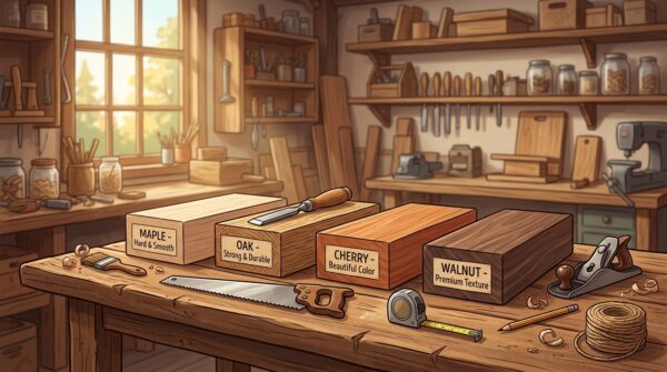 A beautifully arranged still life showcasing the best local wood species for beginners in woodworking. In the foreground, a collection of distinct wooden pieces, including maple, oak, cherry, and walnut, each demonstrating their rich textures and natural colors, is displayed on a rustic wooden table. In the middle ground, tools like a chisel, saw, and measuring tape are thoughtfully positioned among the wood, suggesting a crafting process. The background features a softly blurred workshop environment with warm, natural light filtering through a window, casting gentle shadows that enhance the scene. The overall atmosphere is inviting and inspiring, ideal for beginners eager to explore woodworking. The composition emphasizes the beauty and diversity of local woods, creating a sense of warmth and craftsmanship.