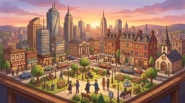 A beautifully crafted architectural diorama showcasing a miniature urban landscape, featuring detailed buildings made from various materials like wood, cardboard, and plastic. In the foreground, a lively park scene with miniature trees, benches, and people in professional business attire engaging in conversation. The middle ground highlights a variety of architectural styles, including modern skyscrapers and classic townhouses, arranged harmoniously. In the background, a softly lit sunset casts warm hues across the skyline, enhancing the intricate details of the structures. The atmosphere is peaceful and inviting, evoking a sense of creativity and exploration in diorama building. The perspective captures the scene at a slight angle, providing depth and showcasing the meticulous craftsmanship involved.