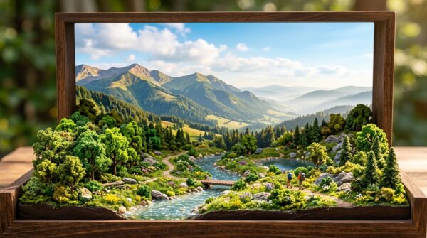 A beautifully crafted diorama showcasing a vibrant nature landscape, featuring intricate details of lush green forests, rolling hills, and a serene winding river in the foreground. Include miniature trees with varying shades of green, small rocky outcrops, and delicate flowers scattered throughout to illustrate biodiversity. In the middle ground, depict scenic mountains bathed in soft sunlight, casting gentle shadows, while a clear blue sky with fluffy white clouds creates an inviting atmosphere. The background should feature distant hills fading into a hazy mist, adding depth to the scene. Utilize natural lighting to highlight textures and color contrasts, with a warm, inviting ambiance. Capture the image at a slight downward angle to enhance perspective and immersion.