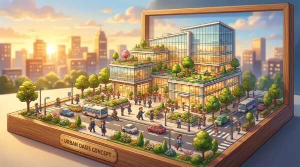 A beautifully crafted diorama showcasing an architectural concept, featuring a miniature urban landscape in the foreground with intricate details such as tiny trees, miniature vehicles, and realistic figurines of people in professional attire. The middle ground displays a well-designed building model with glass facades and vibrant landscaping, capturing the essence of modern architecture. In the background, soft-focus city skyline silhouettes under a warm, golden-hour sunlight, creating a serene and inviting atmosphere. The scene is illuminated evenly with soft, natural lighting that enhances textures and colors, shot from a slightly elevated angle to highlight depth and perspective. The overall mood is one of creativity and inspiration, illustrating the key steps of diorama creation in an artistic yet professional manner.