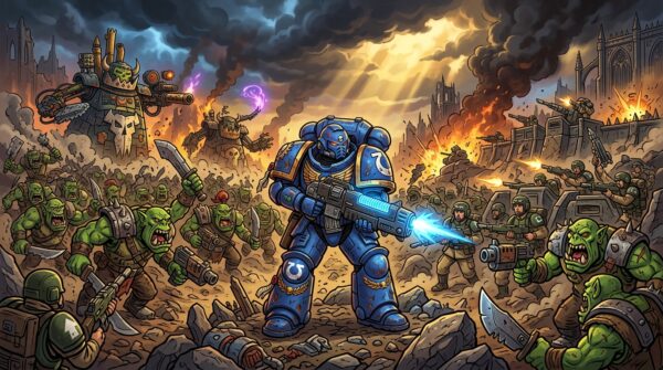 A captivating diorama depicting a Warhammer battle scene, set in a mystical, war-torn landscape. In the foreground, a fierce, armored Space Marine hero stands defiantly, wielding a plasma rifle, with intricate details on the armor, showcasing battle scars and vibrant colors. The middle ground features a chaotic skirmish between Orks and loyalist troops, with dynamic poses and expressive facial features reflecting the intensity of battle. In the background, a dramatic sky filled with dark clouds contrasts with streaks of golden sunlight breaking through, illuminating the chaos below. The overall atmosphere is one of epic battle, with a focus on rich textures and depth. The lighting is dramatic, casting long shadows, while the camera angle is slightly low, enhancing the sense of epic scale and action.