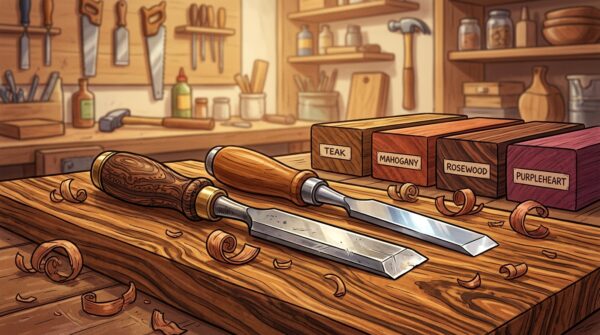 A close-up scene showcasing a pair of sharp wooden chisels resting on a polished piece of exotic wood, with shavings scattered around, indicating recent use. The chisels glisten under warm, soft lighting, highlighting their intricate designs and sharp edges. Behind them, a variety of wooden blocks in rich hues—teak, mahogany, and rosewood—are neatly stacked. In the background, a blurred view of a workshop with shelves filled with tools emphasizes a creative atmosphere. A gentle, focused depth of field directs attention to the chisels, evoking a mood of craftsmanship and dedication. The overall composition conveys a sense of readiness for a woodworking project, embodying the beauty of exotic woods and the artistry involved in their manipulation. A close-up scene showcasing a pair of sharp wooden chisels resting on a polished piece of exotic wood, with shavings scattered around, indicating recent use. The chisels glisten under warm, soft lighting, highlighting their intricate designs and sharp edges. Behind them, a variety of wooden blocks in rich hues—teak, mahogany, and rosewood—are neatly stacked. In the background, a blurred view of a workshop with shelves filled with tools emphasizes a creative atmosphere. A gentle, focused depth of field directs attention to the chisels, evoking a mood of craftsmanship and dedication. The overall composition conveys a sense of readiness for a woodworking project, embodying the beauty of exotic woods and the artistry involved in their manipulation.