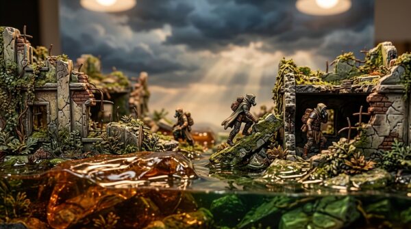 A close-up view of high-quality resin, showcasing its glossy, translucent surface with rich colors reflecting light. In the foreground, intricately detailed resin sculptures depicting ruined buildings and nature reclaiming urban structures, showcasing realistic textures of cracked stone and lush greenery. The middle ground features a layered diorama, including miniature figures in post-apocalyptic outfits exploring the scene, blending seamlessly with the resin elements. The background fades into a dramatic sky with dark, ominous clouds casting soft rays of light, creating a contrast between gloom and hope. Use warm lighting to enhance the textures and highlight the resin's reflective properties, with a shallow depth of field to focus on the intricate details in the foreground while gently blurring the background. The overall mood is immersive and thought-provoking, inviting viewers into a crafted world of resilience and decay.