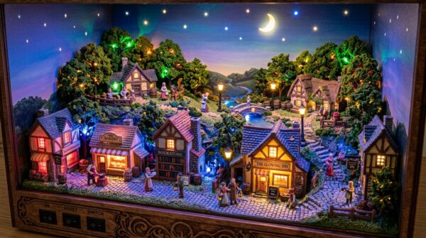 A detailed diorama scene showcasing miniature landscapes illuminated by vibrant LED lighting. In the foreground, a variety of intricately designed miniature buildings and figurines are bathed in soft, colorful LED lights, highlighting their features and textures. The middle ground features scenic elements such as small trees and pathways, with warm white LED lights creating a cozy ambiance. The background consists of a gently painted sky gradient transitioning from twilight to night, with stars gently twinkling, subtly enhanced by the LED glow. The image captures a close-up perspective, focusing on the interaction between the LED lighting and the diorama elements, creating a magical, serene atmosphere ideal for model making enthusiasts. The overall mood reflects creativity and inspiration, emphasizing the advantages of LED lighting for miniature models.
