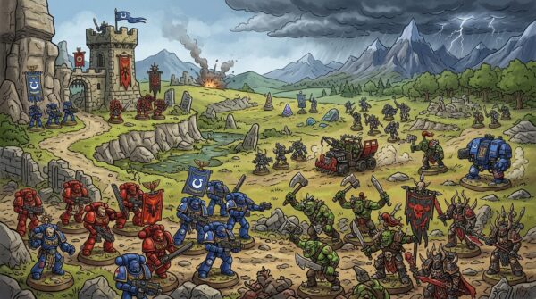 A detailed diorama setup featuring intricate figurines and dynamic landscapes, emphasizing a Warhammer theme. In the foreground, display a variety of meticulously painted miniatures engaged in battle, showcasing diverse factions with unique armor and weapons. The middle ground includes textured terrain elements like rocky outcrops, grassy fields, and magical artifacts, enhancing the scene’s depth. In the background, subtle hints of distant mountains and a stormy sky create a dramatic atmosphere. Soft, diffuse lighting highlights the textures of the figures and terrain, casting gentle shadows that add dimension. Capture the scene from a slightly elevated angle, giving a panoramic view of the battlefield while maintaining focus on the intricate details of the figurines and their surroundings, evoking a sense of adventure and creativity in diorama crafting.